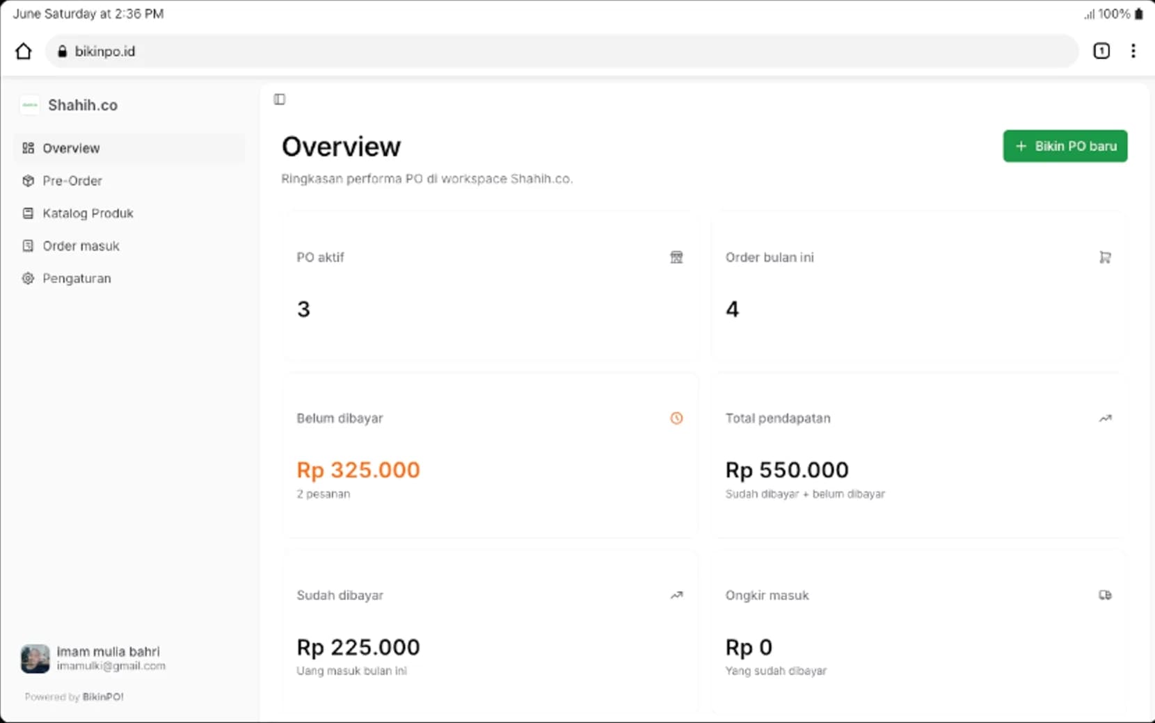 Dashboard order dagangin